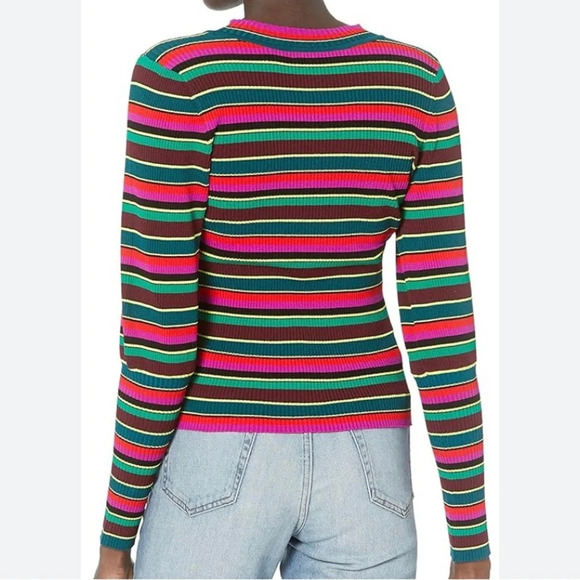 Milly Striped Ribbed Puff Sleeve Sweater Colorful Stretch Size P - Picture 3 of 8